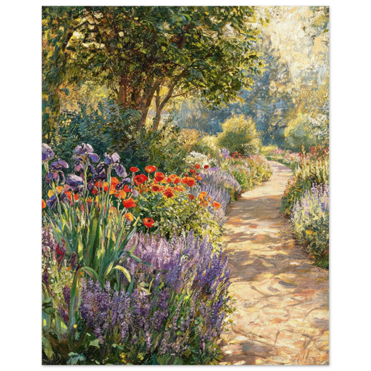 A garden path lined with purple lavender, red poppies, and irises under a canopy of trees, rendered in a warm impressionistic painting style.