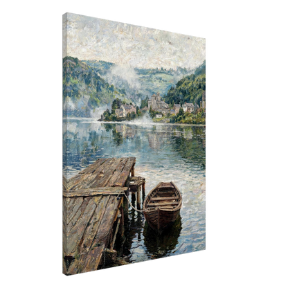 A canvas wall art print depicting an impressionist landscape scene of a calm lake with a wooden dock, a small rowboat, distant houses, and green hills under a cloudy sky, shown at an angle against a white background.
