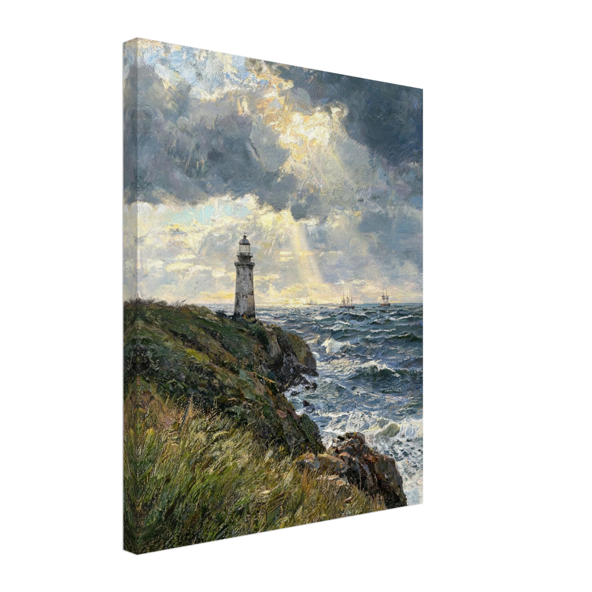 A vertical canvas wall art print depicting a dramatic coastal seascape with a lighthouse on a grassy cliff, stormy clouds, and sunbeams over churning blue-gray waves, shown at a slight angle against a white background.