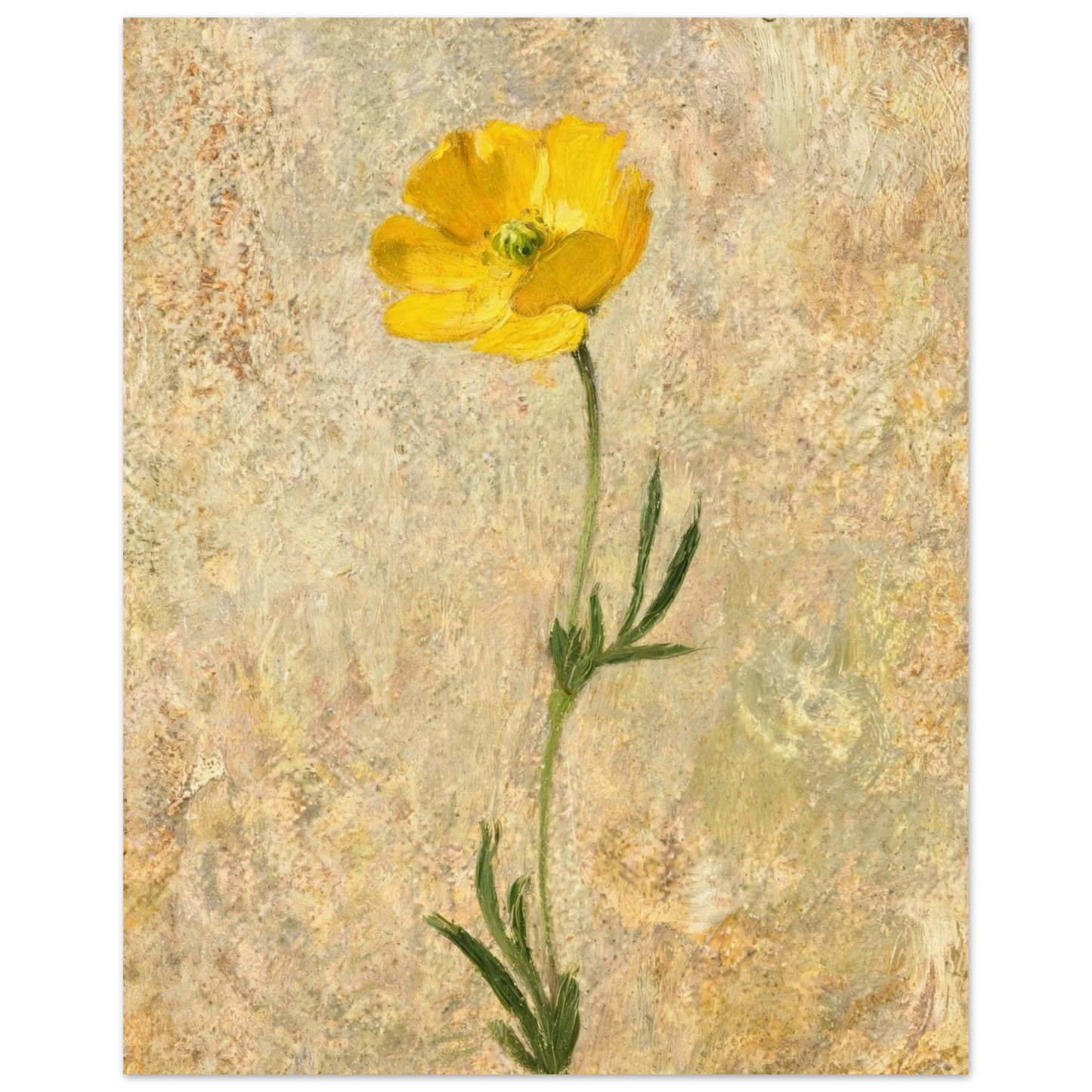 Fine art print of an Impressionist single yellow poppy flower featuring vibrant golden tones and rich oil painting textures.