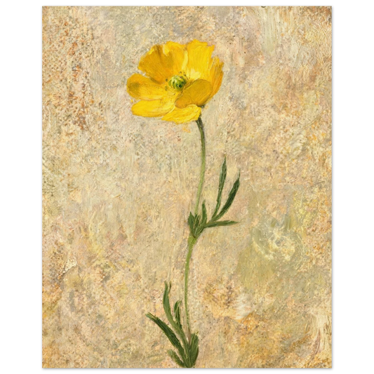 Fine art print of an Impressionist single yellow poppy flower featuring vibrant golden tones and rich oil painting textures.