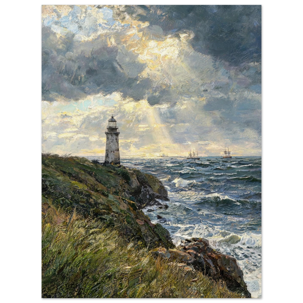 A vertical art print depicting a dramatic coastal seascape with a lighthouse on a grassy cliff, stormy clouds, sunbeams, and waves, shown against a white background.