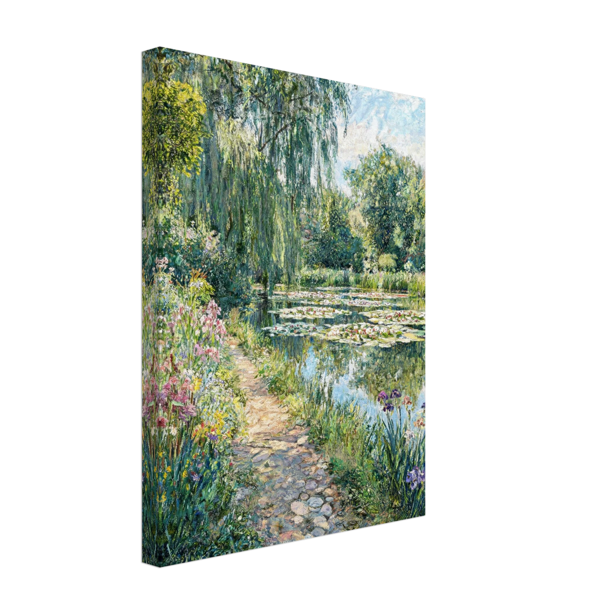 A vertical canvas wall art print depicting a Monet-style garden pond scene with a stone path, weeping willows, flowers, and lily pads, shown at an angle against a plain white background.