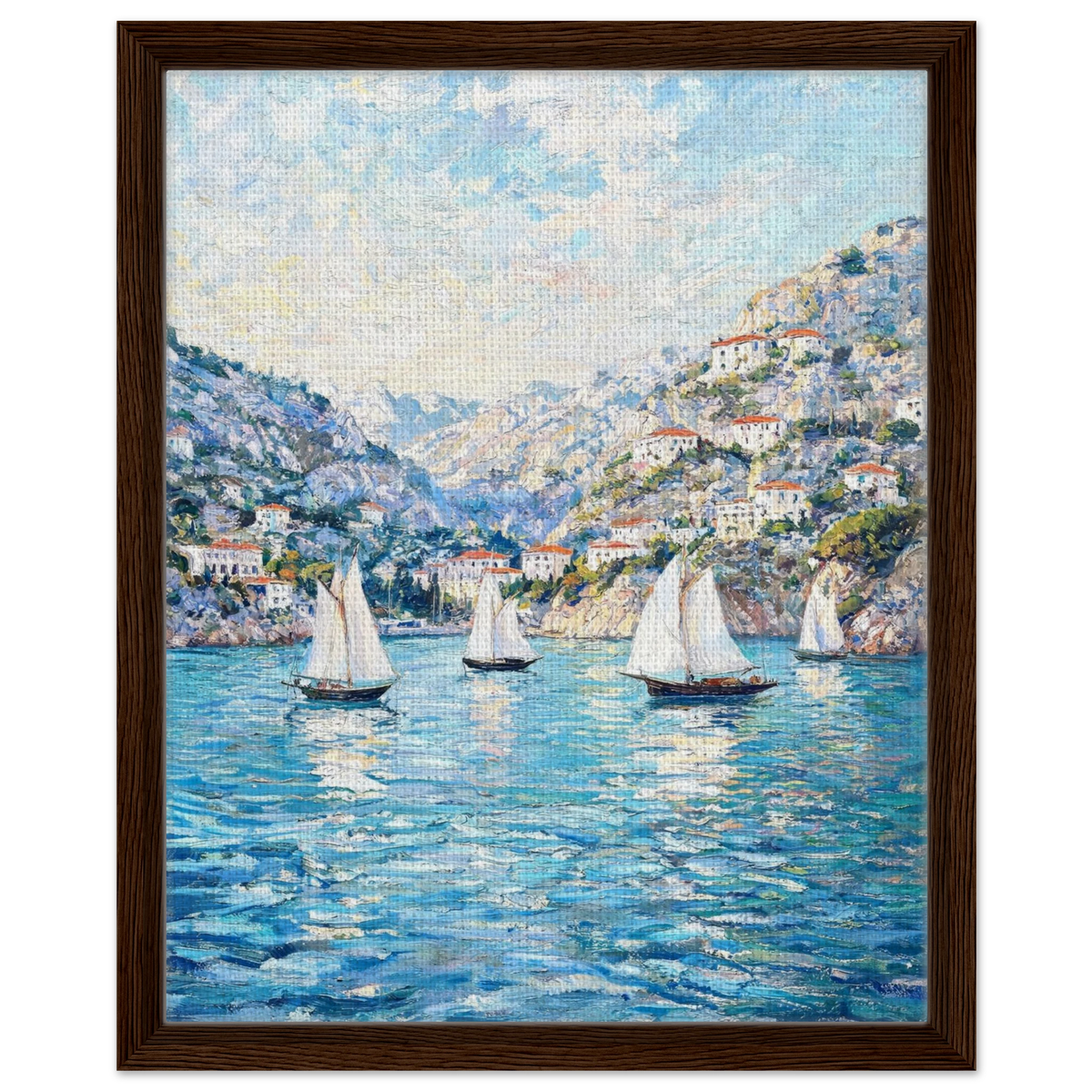 Framed canvas wall art with floating frame showing a textured impressionist painting of sailboats on a Mediterranean coastal bay