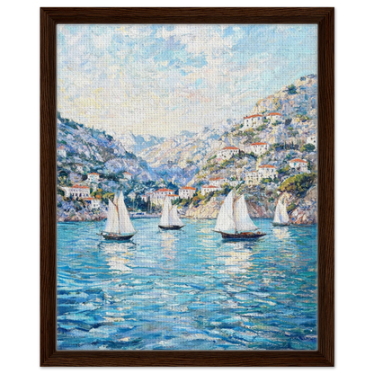 Framed canvas wall art with floating frame showing a textured impressionist painting of sailboats on a Mediterranean coastal bay