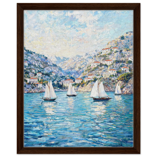 Framed canvas wall art with floating frame showing a textured impressionist painting of sailboats on a Mediterranean coastal bay