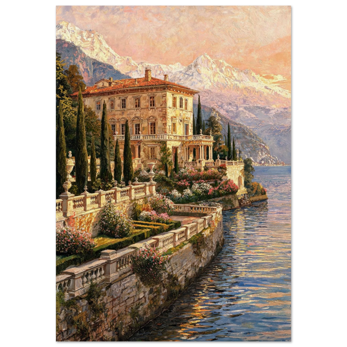 A scenic art print depicting an elegant lakeside villa with terracotta roofs, lush gardens, tall cypress trees, and snow-capped mountains under a warm pink sky, reflected in the blue water.