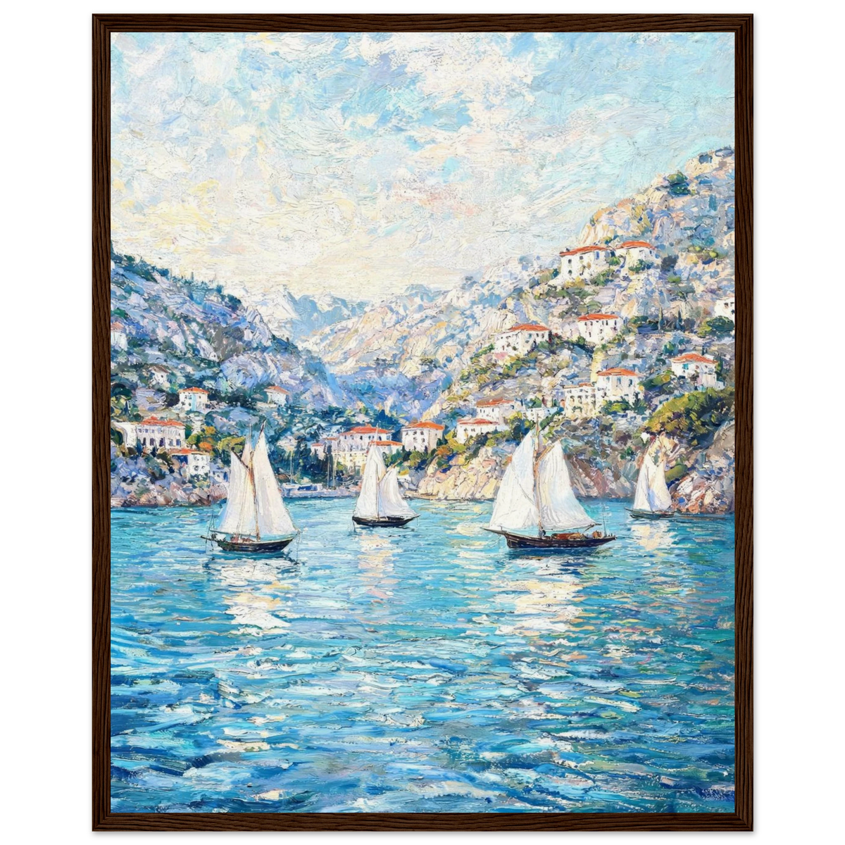 Ready-to-hang wooden framed art print of a vintage impressionist painting showcasing sailboats on a sun-drenched coastal bay