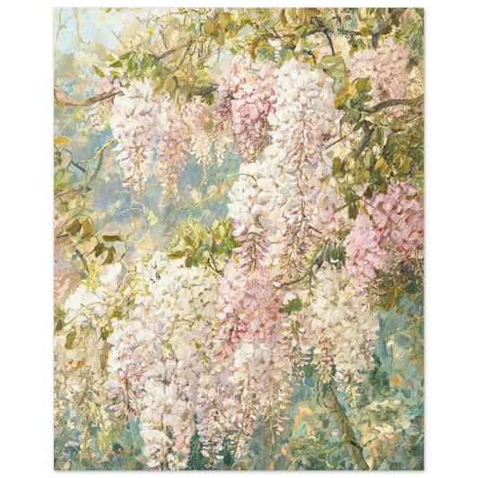 Fine art print of an Impressionist wisteria blossoms painting featuring cascading pink and white floral clusters and rich oil painting textures.