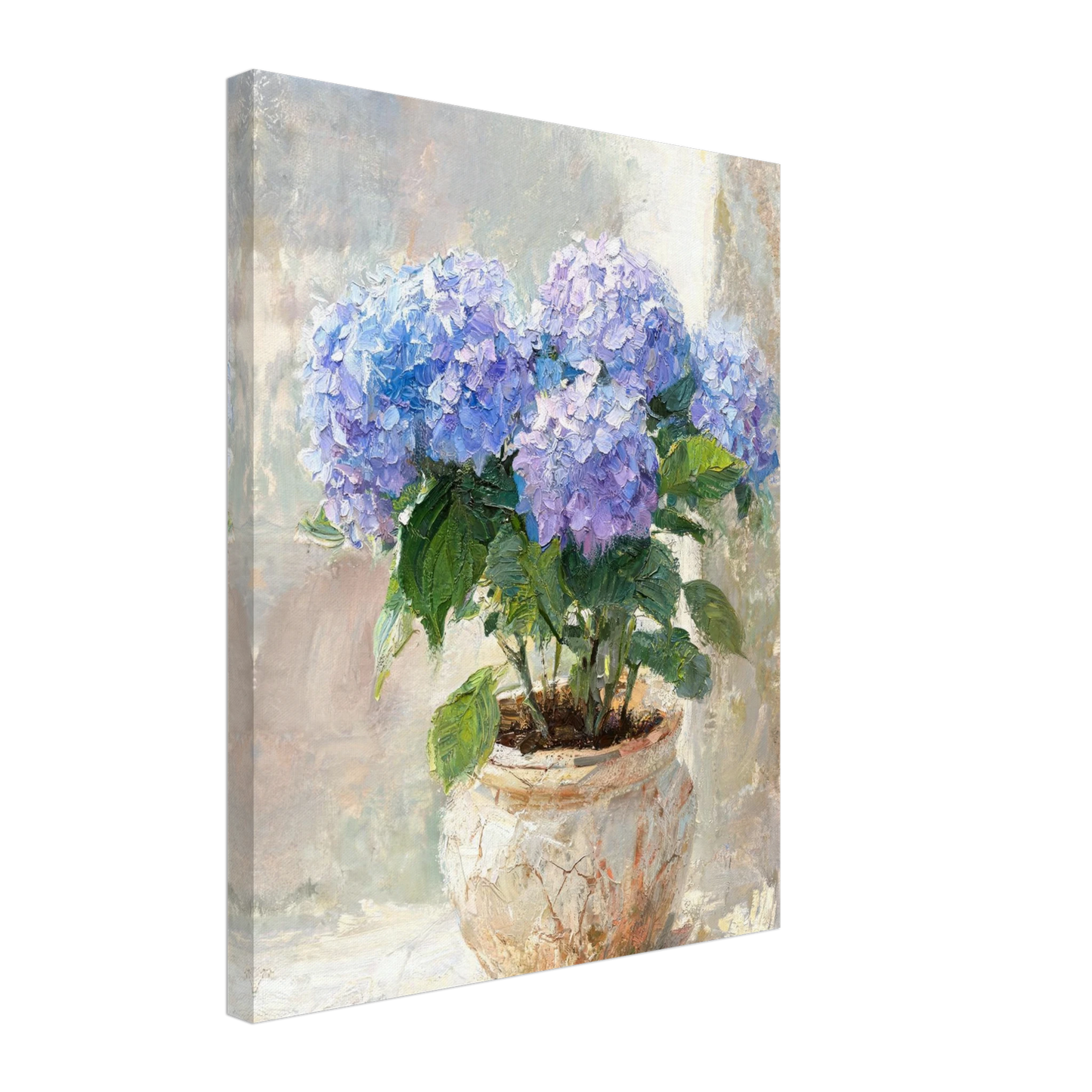 Canvas print of an Impressionist blue hydrangea potted plant with enhanced texture for an immersive wall art experience.