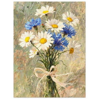 A vertical art print depicting a bouquet of white daisies and blue cornflowers tied with a beige ribbon, rendered in an impressionistic painterly style on a neutral textured background.