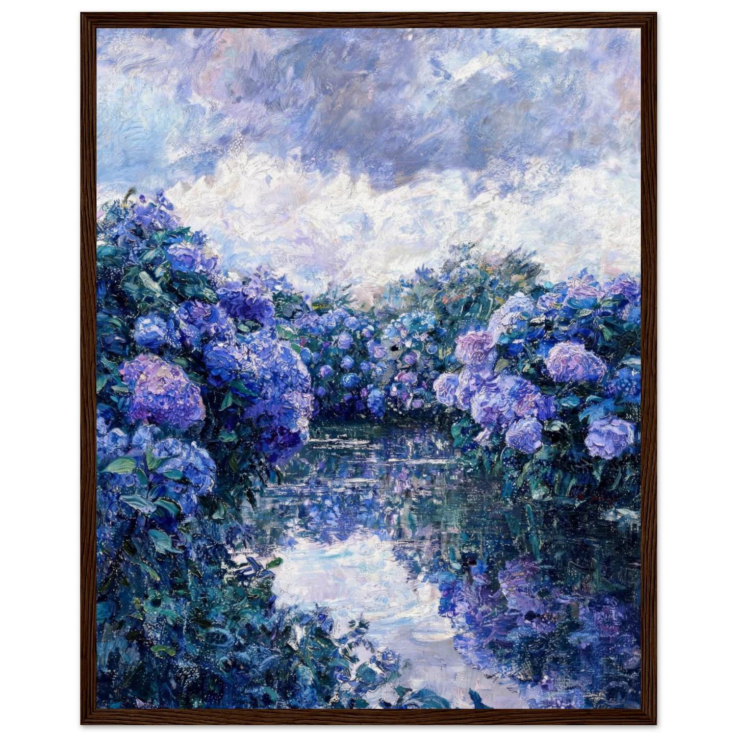 Wooden framed fine art print of a blue hydrangea riverbank scene, ready to hang.