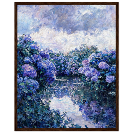Wooden framed fine art print of a blue hydrangea riverbank scene, ready to hang.