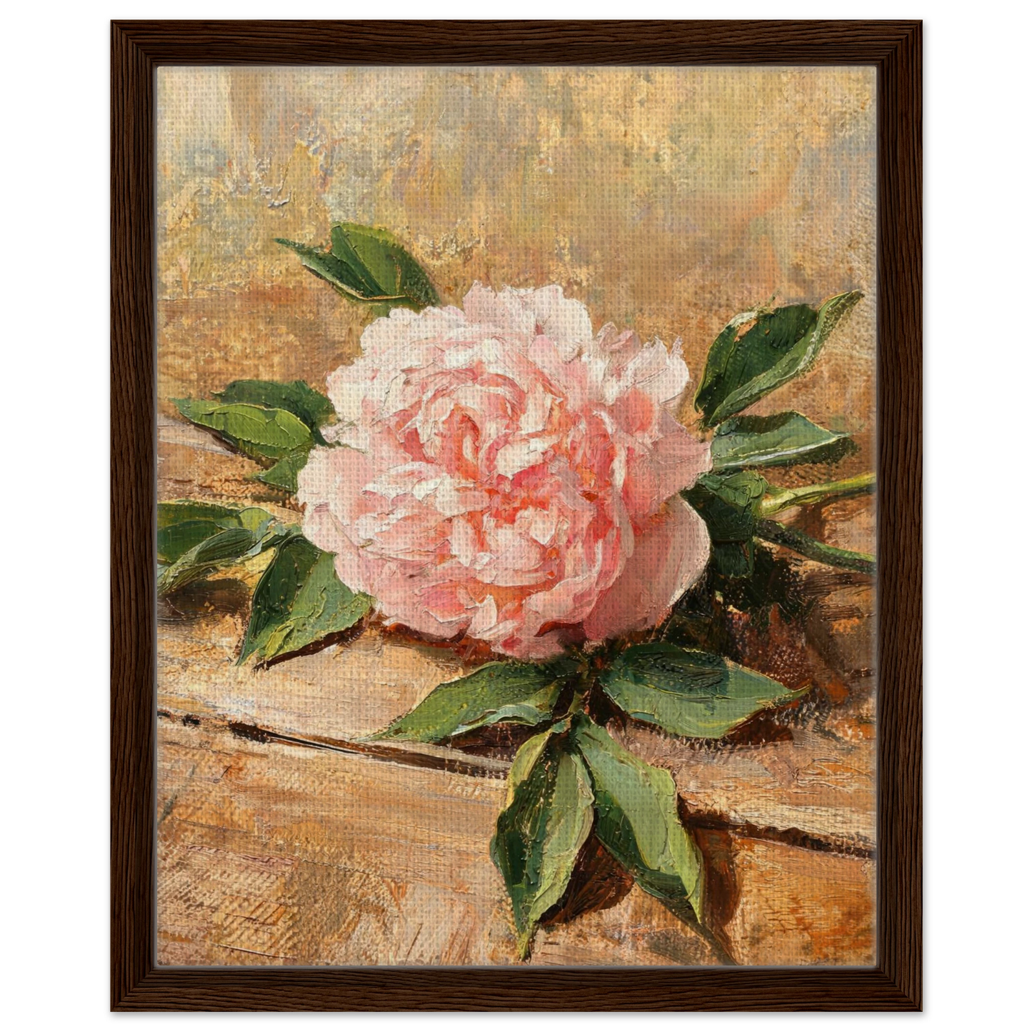 Framed canvas print of an Impressionist soft pink peony painting mounted in a sleek frame for a polished gallery presentation.