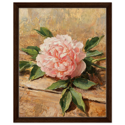 Framed canvas print of an Impressionist soft pink peony painting mounted in a sleek frame for a polished gallery presentation.