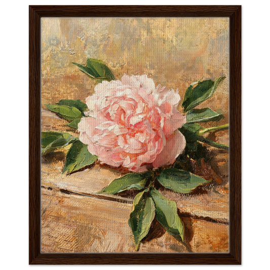 Framed canvas print of an Impressionist soft pink peony painting mounted in a sleek frame for a polished gallery presentation.