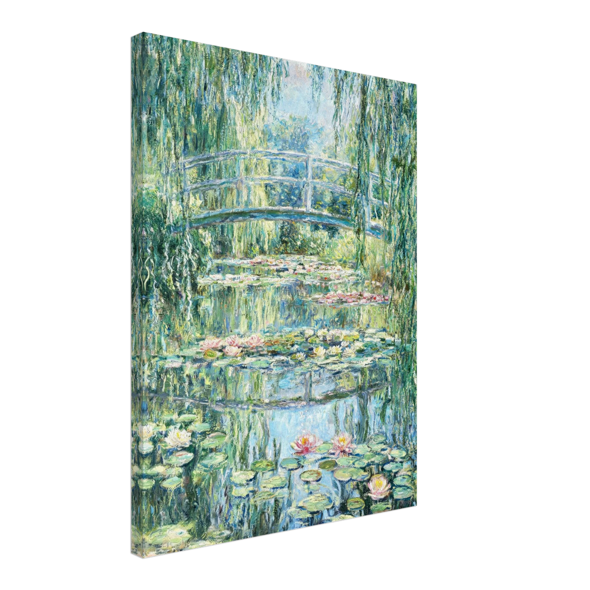 A vertical canvas wall art print depicting Claude Monet's Water Lilies garden at Noil de May, featuring a white arched bridge over a pond with green lily pads and pink water lilies under weeping willows, shown at a three-quarter angle on a white background.