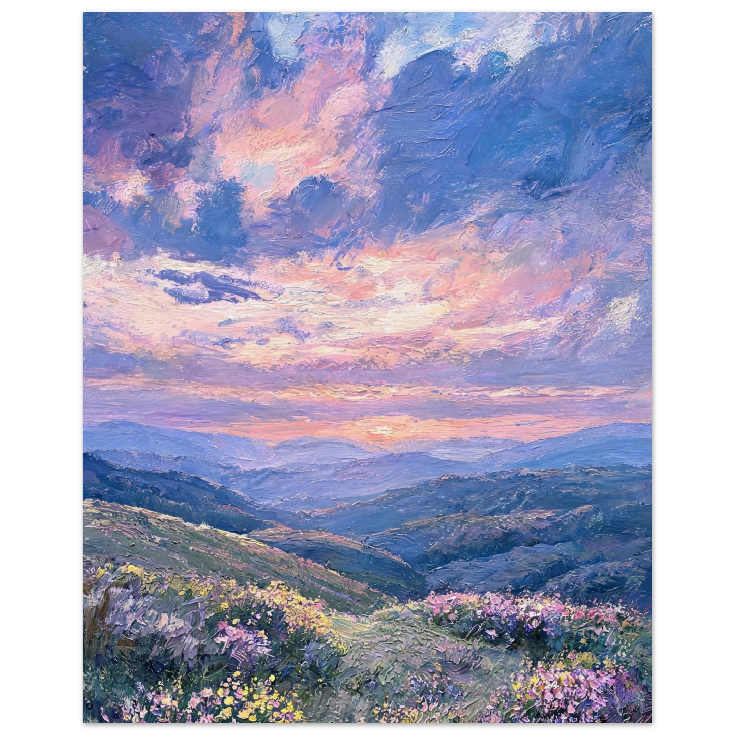 Fine art print featuring an impressionist oil painting of a mountain landscape with wildflowers under a vibrant purple and pink sunset sky.
