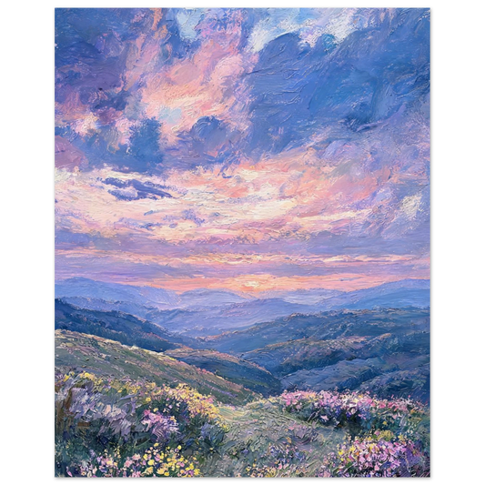 Fine art print featuring an impressionist oil painting of a mountain landscape with wildflowers under a vibrant purple and pink sunset sky.
