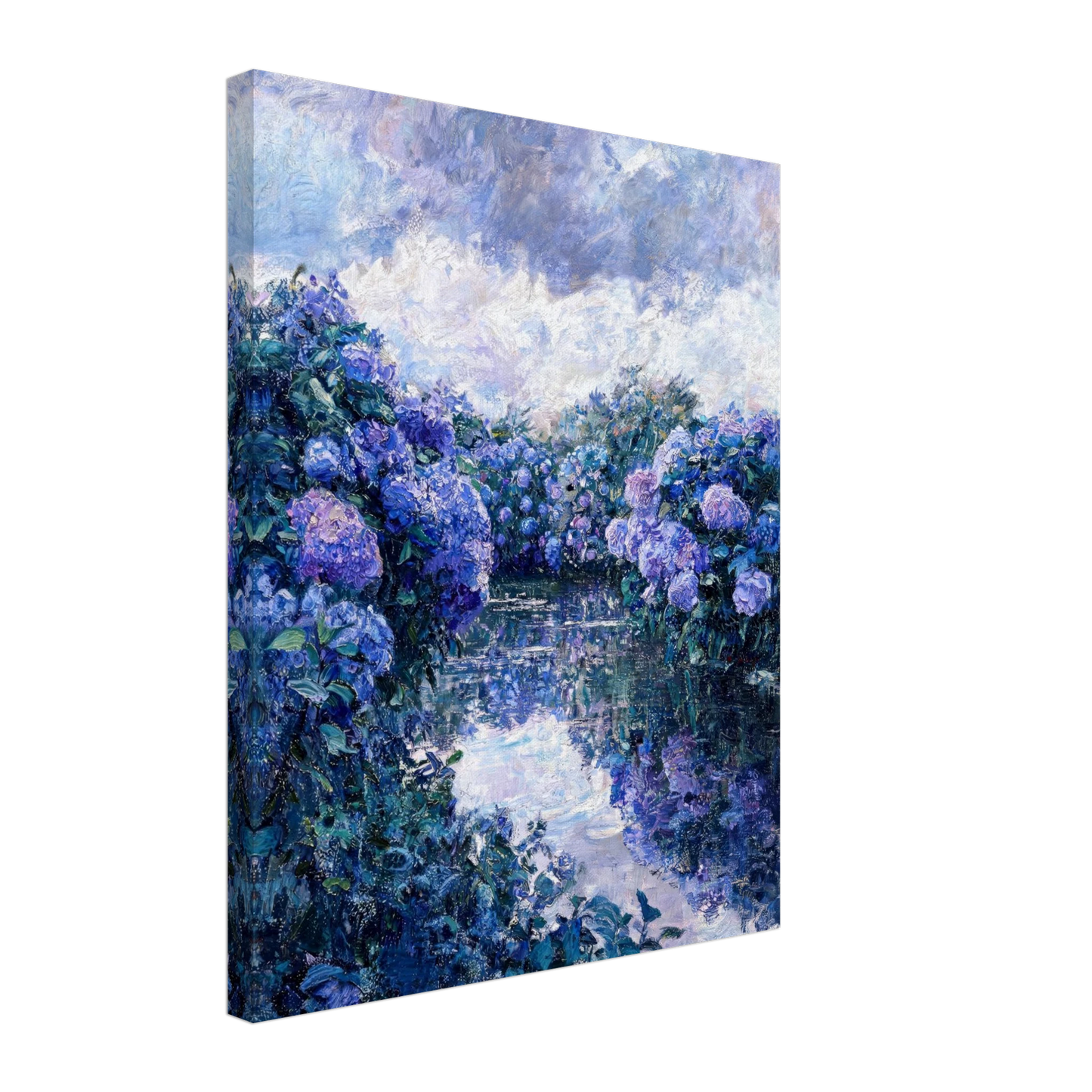 Textured canvas print of an impressionist riverbank scene with blue hydrangeas and water reflections.