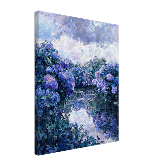 Textured canvas print of an impressionist riverbank scene with blue hydrangeas and water reflections.