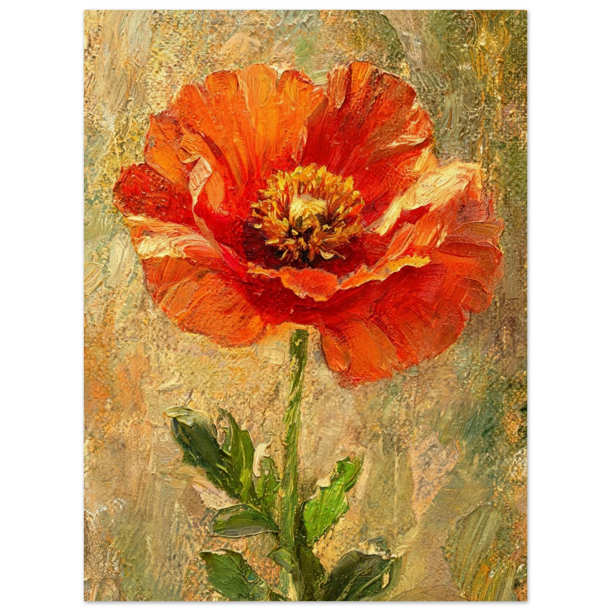 An impressionistic painting of a single large red-orange poppy flower with green leaves on a textured beige and green background.