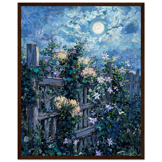 Moonlit Wooden Fence ready-to-hang wooden framed poster by Vintstep