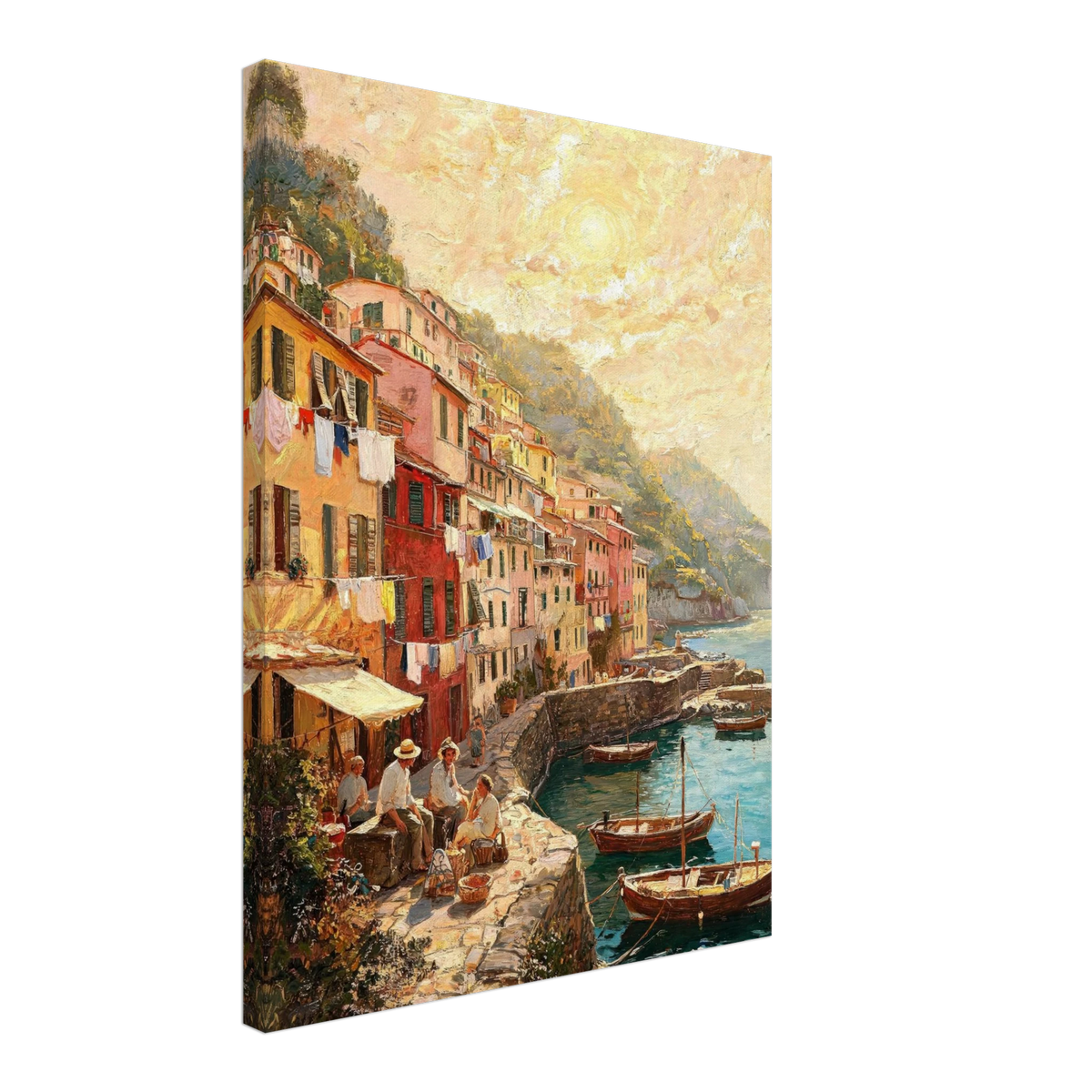 A vertical canvas wall art print depicting a colorful coastal village scene with buildings, boats, and figures by the water, shown at an angle against a plain white background.