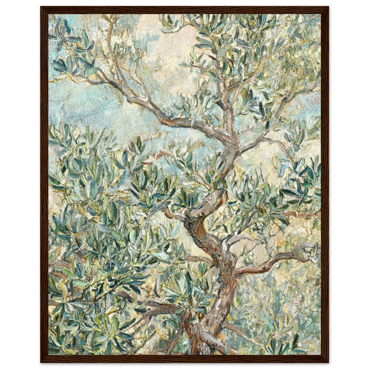Wooden framed fine art print of an Impressionist olive tree painting showcasing earthy green tones and a ready-to-hang wooden frame.