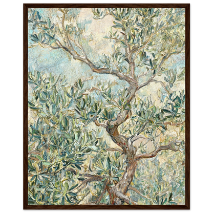 Wooden framed fine art print of an Impressionist olive tree painting showcasing earthy green tones and a ready-to-hang wooden frame.