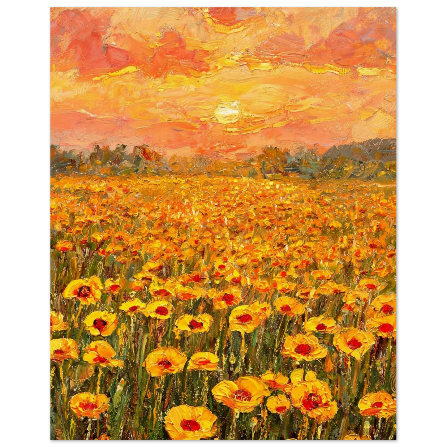 Fine art print of a golden sunset over a vibrant yellow poppy field with thick textured brushstrokes.