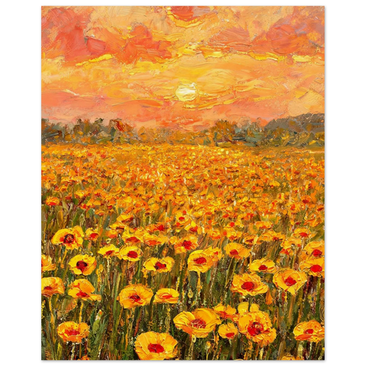 Fine art print of a golden sunset over a vibrant yellow poppy field with thick textured brushstrokes.