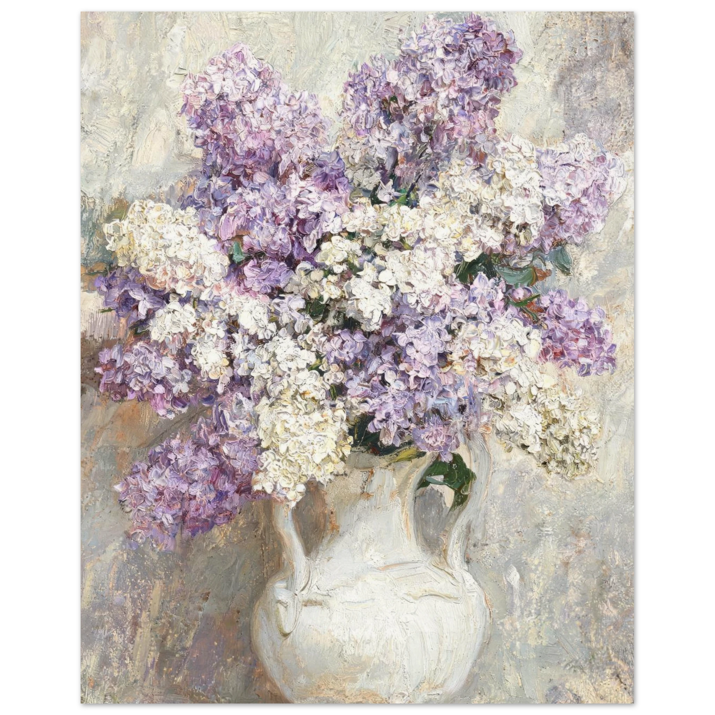 Fine art print of an Impressionist purple and white lilac bouquet in a classic white vase, featuring rich oil painting textures.