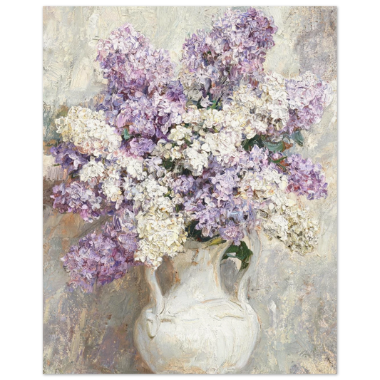 Fine art print of an Impressionist purple and white lilac bouquet in a classic white vase, featuring rich oil painting textures.