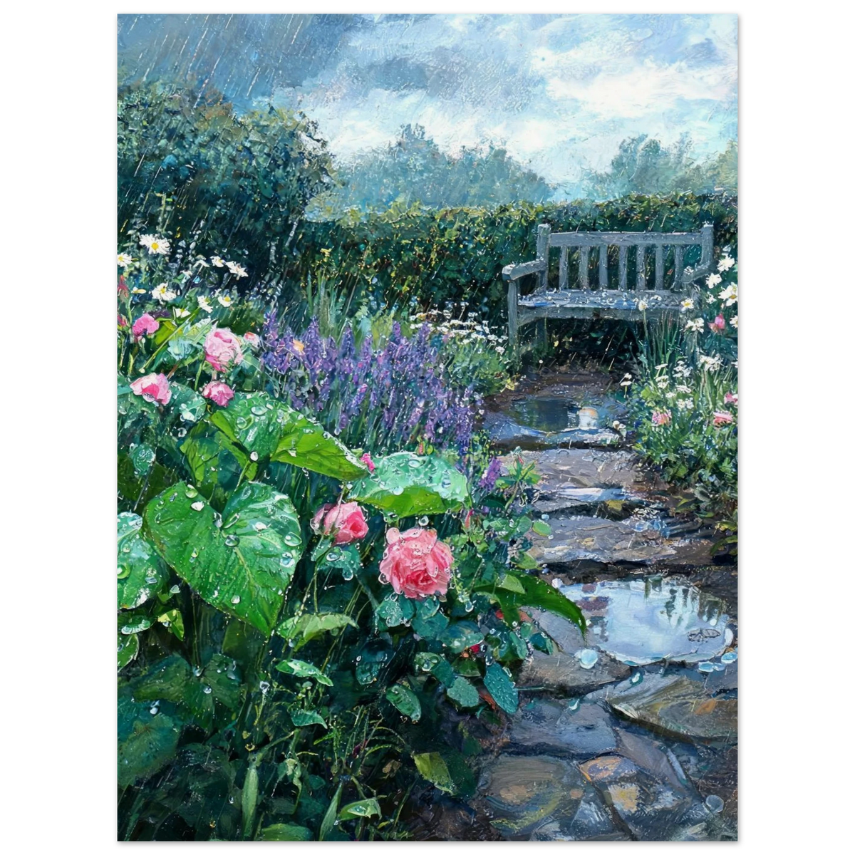 A vertical garden painting depicting a stone path leading to a wooden bench in a rain-swept garden with pink roses, purple lavender, green hydrangeas, and a blue-gray sky.