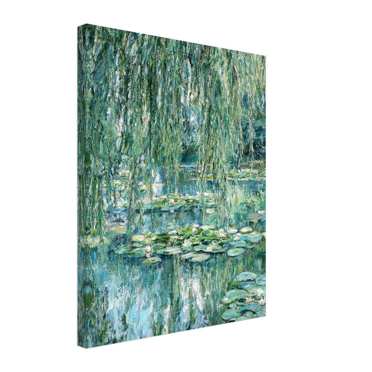 A vertical canvas wall art print depicting a Monet-style pond scene with green willow branches hanging over blue-green water and lily pads, shown at a slight angle on a white background.