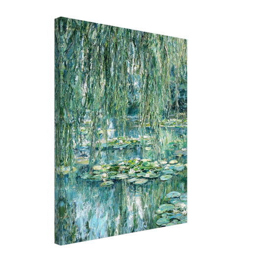 A vertical canvas wall art print depicting a Monet-style pond scene with green willow branches hanging over blue-green water and lily pads, shown at a slight angle on a white background.