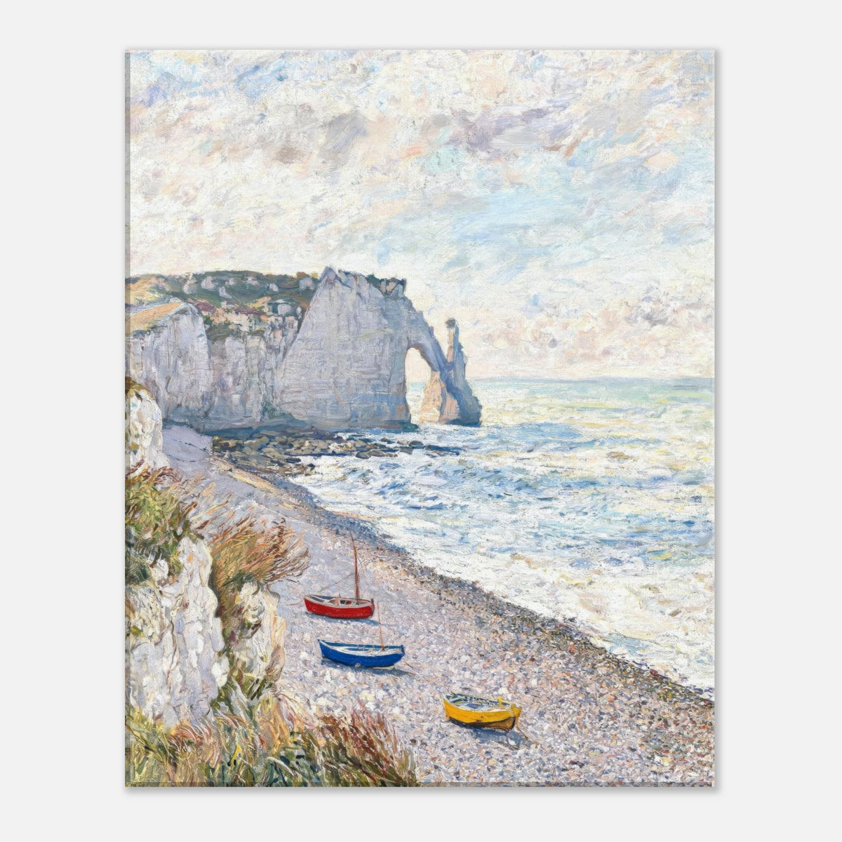 Impressionist-style painting of a coastal beach with large white cliffs, a sea arch, small boats on the shore, and a cloudy sky. The artwork is shown centered on a light neutral background.
