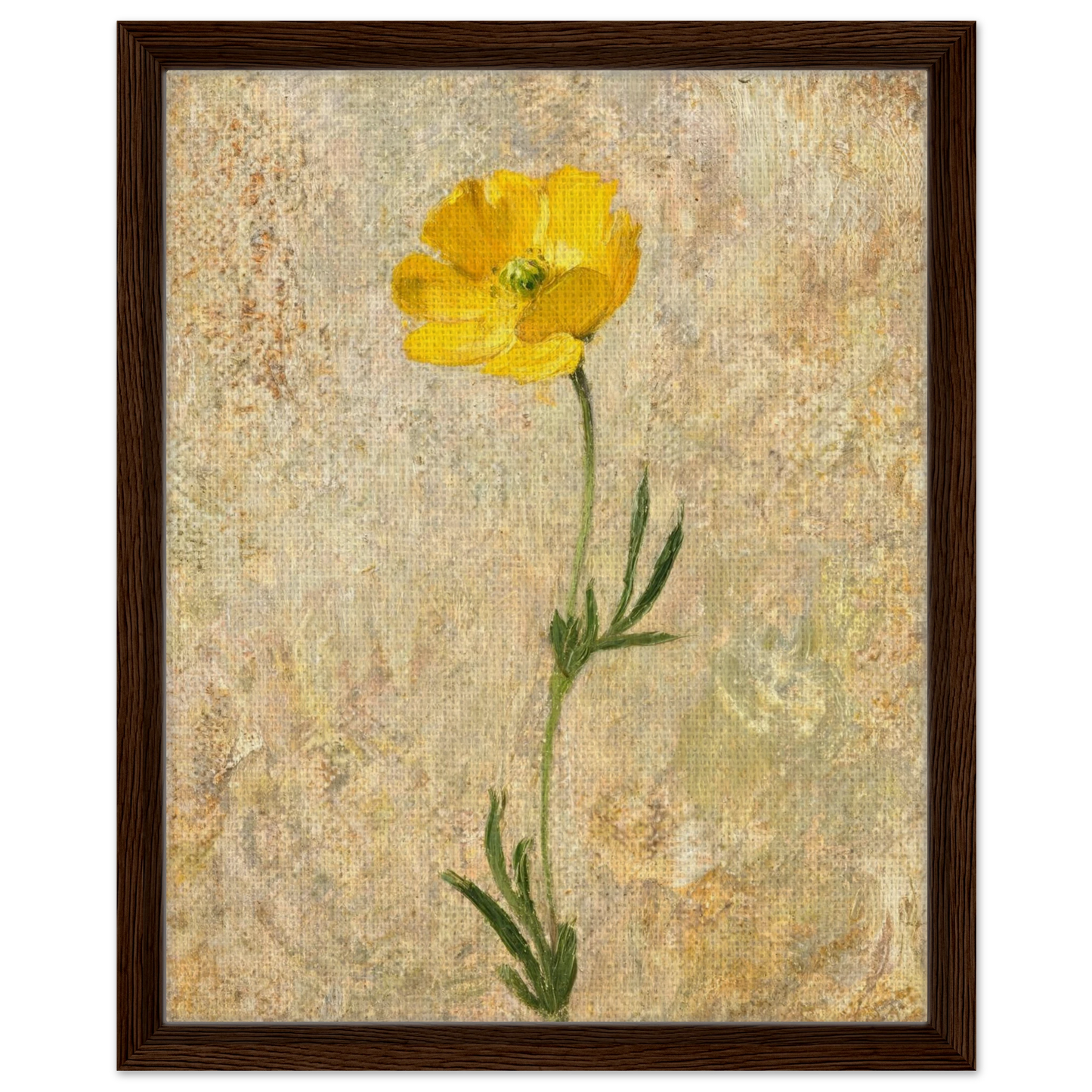 Framed canvas print of an Impressionist single yellow poppy painting mounted in a sleek frame for a polished gallery presentation.