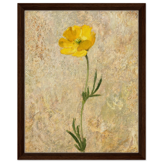 Framed canvas print of an Impressionist single yellow poppy painting mounted in a sleek frame for a polished gallery presentation.