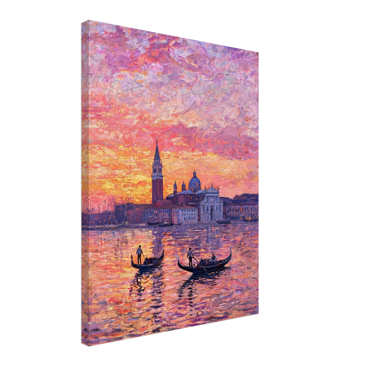A vertical canvas wall art print depicting a Venice sunset scene with gondolas on the water, rendered in an impressionistic painterly style with pink, purple, orange, and yellow tones, shown at a three-quarter angle against a white background.
