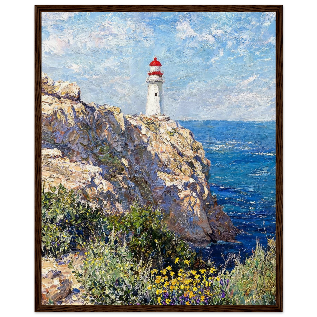 Ready-to-hang wooden framed art print of a vintage impressionist lighthouse on coastal cliffs with vibrant wildflowers