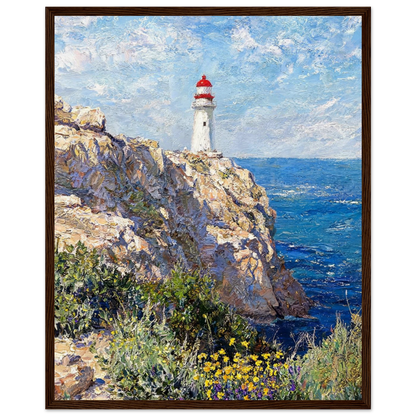 Ready-to-hang wooden framed art print of a vintage impressionist lighthouse on coastal cliffs with vibrant wildflowers