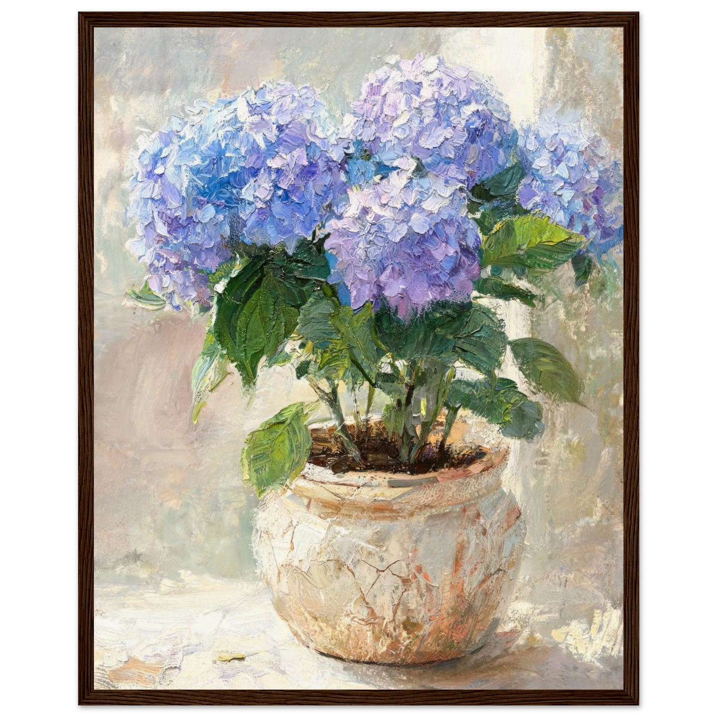 Wooden framed fine art print of an Impressionist blue hydrangea oil painting showcasing vibrant light and rich textures.