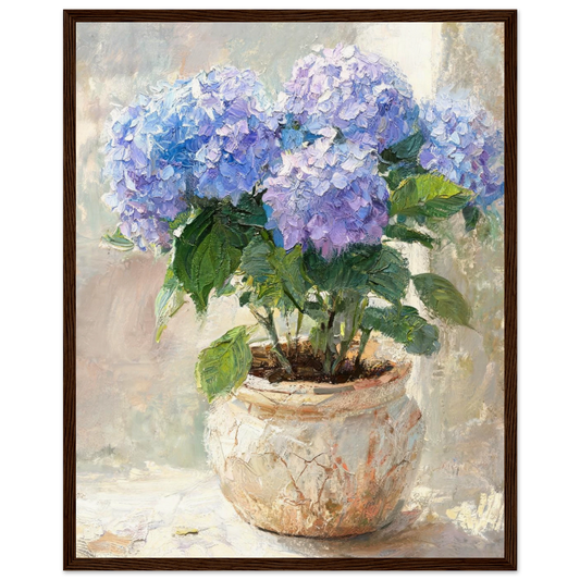 Wooden framed fine art print of an Impressionist blue hydrangea oil painting showcasing vibrant light and rich textures.