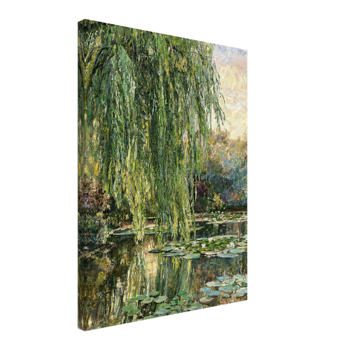 A vertical canvas wall art print depicting a Monet-style willow pond scene with green lily pads and hanging willow branches, shown at a slight angle on a white background.