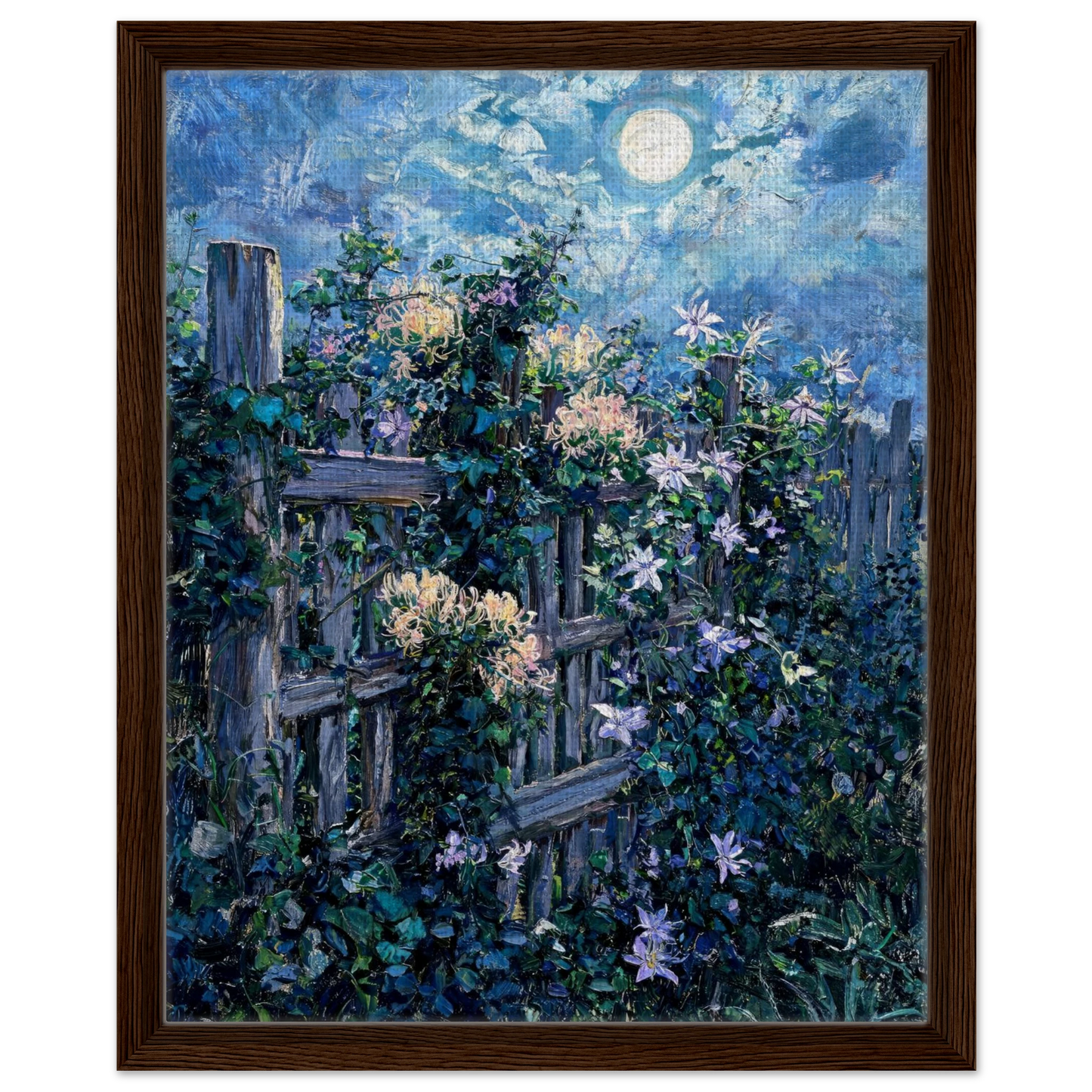 Moonlit Wooden Fence floating frame canvas wall decor by Vintstep