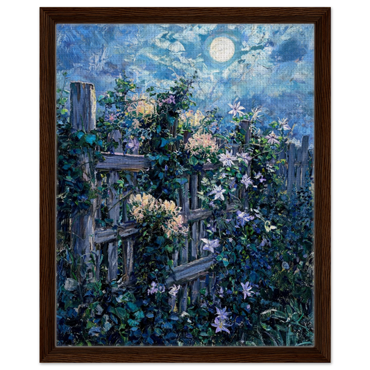 Moonlit Wooden Fence floating frame canvas wall decor by Vintstep