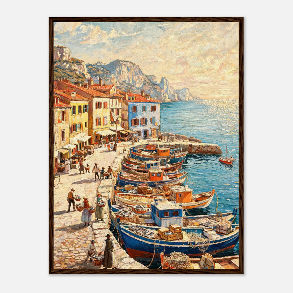 Impressionist art print from Vintstep depicting colorful wooden fishing boats docked at a stone quay in a Mediterranean coastal village under bright sunlight with rich impasto brushstrokes.