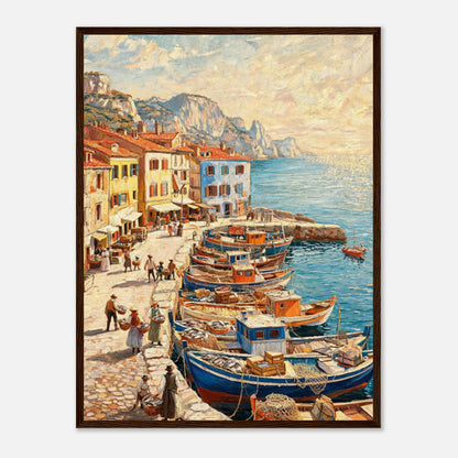 Impressionist art print from Vintstep depicting colorful wooden fishing boats docked at a stone quay in a Mediterranean coastal village under bright sunlight with rich impasto brushstrokes.